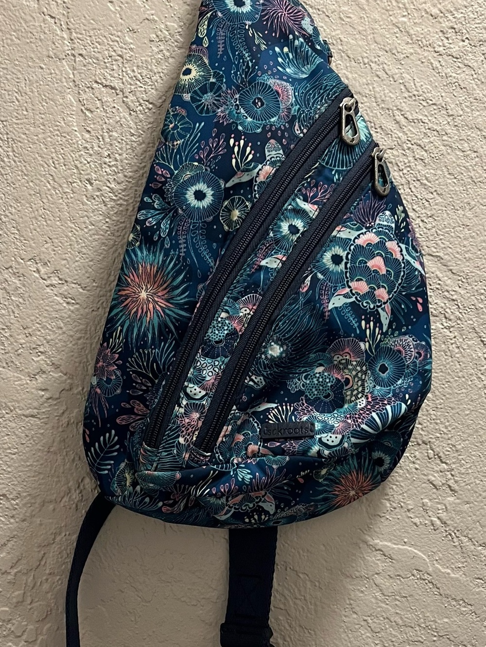 Sakroots Navy Floral Crossbody Sling Bag with Teal & Pink Accents